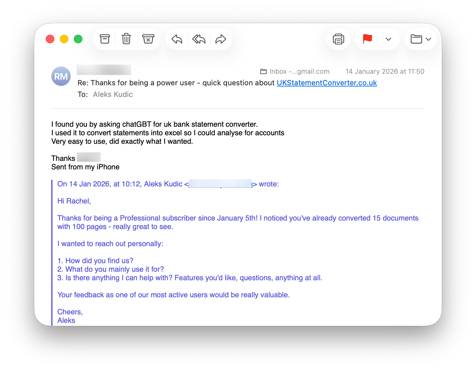 Email feedback from Rachel - Very easy to use, did exactly what I wanted